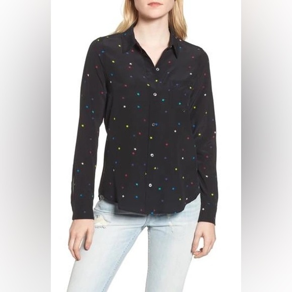 Rails Kate Star Print Silk Blouse In Rainbow Stars Black - Picture 9 of 9